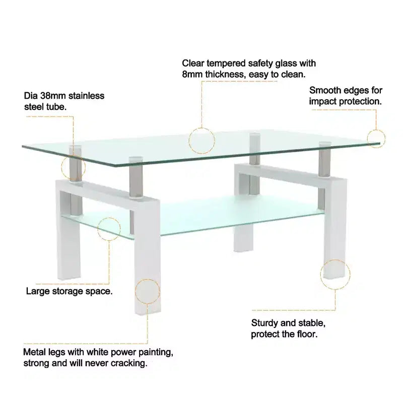Table basse rectangulaire en verre élégante Okak, tables basses centrales modernes à 2 niveaux, table basse transparente pour le salon