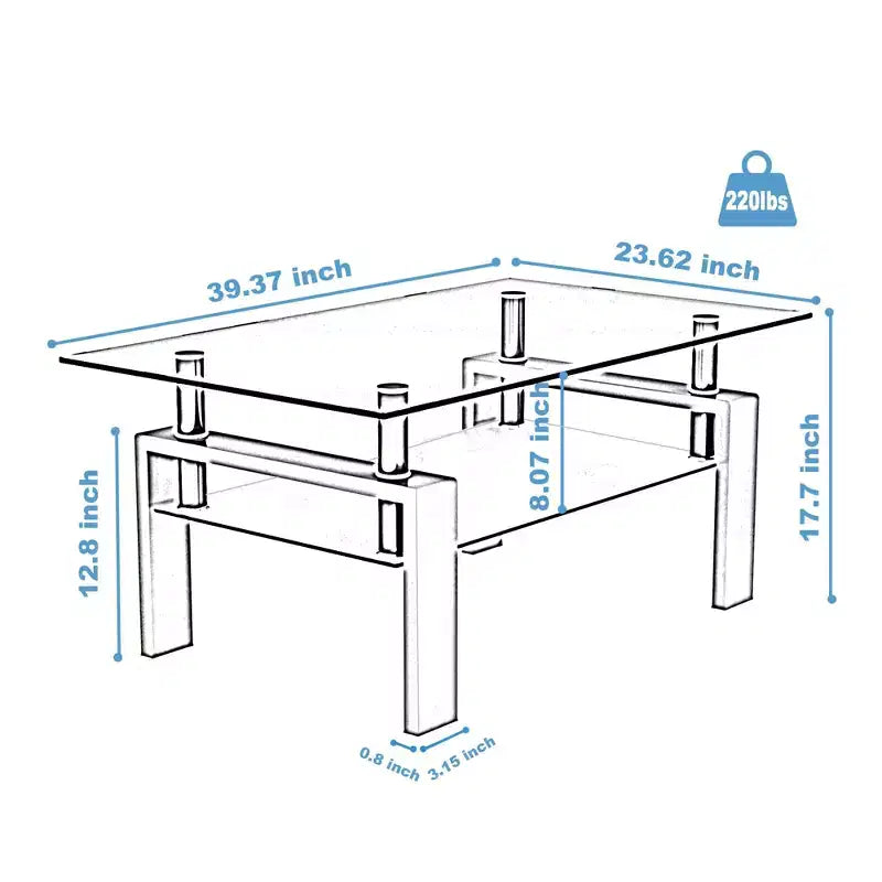 Table basse rectangulaire en verre élégante Okak, tables basses centrales modernes à 2 niveaux, table basse transparente pour le salon