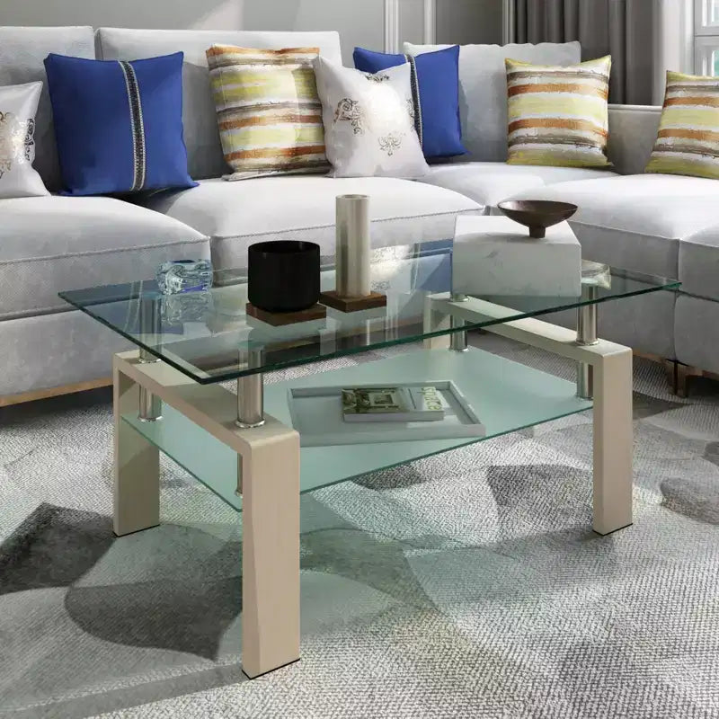Table basse rectangulaire en verre élégante Okak, tables basses centrales modernes à 2 niveaux, table basse transparente pour le salon