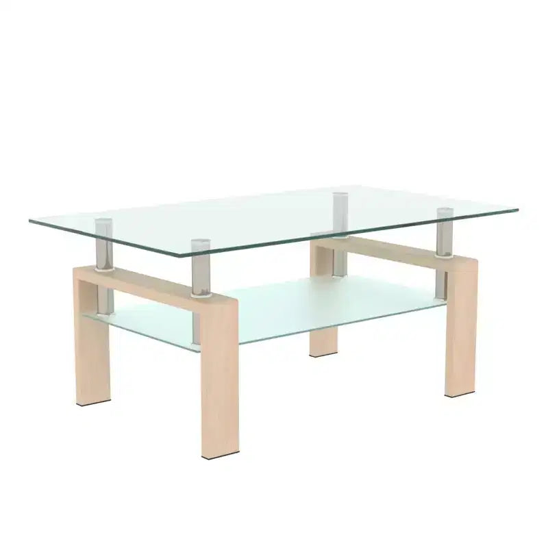 Table basse rectangulaire en verre élégante Okak, tables basses centrales modernes à 2 niveaux, table basse transparente pour le salon