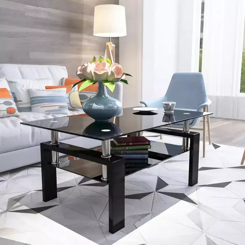 Okak Elegant Rectangle Glass Coffee Table, Modern Side Center Tables 2-Tier Clear Coffee Table for Living Room