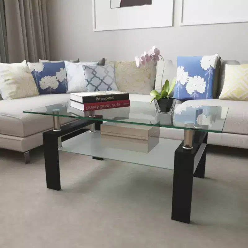Table basse rectangulaire en verre élégante Okak, tables basses centrales modernes à 2 niveaux, table basse transparente pour le salon