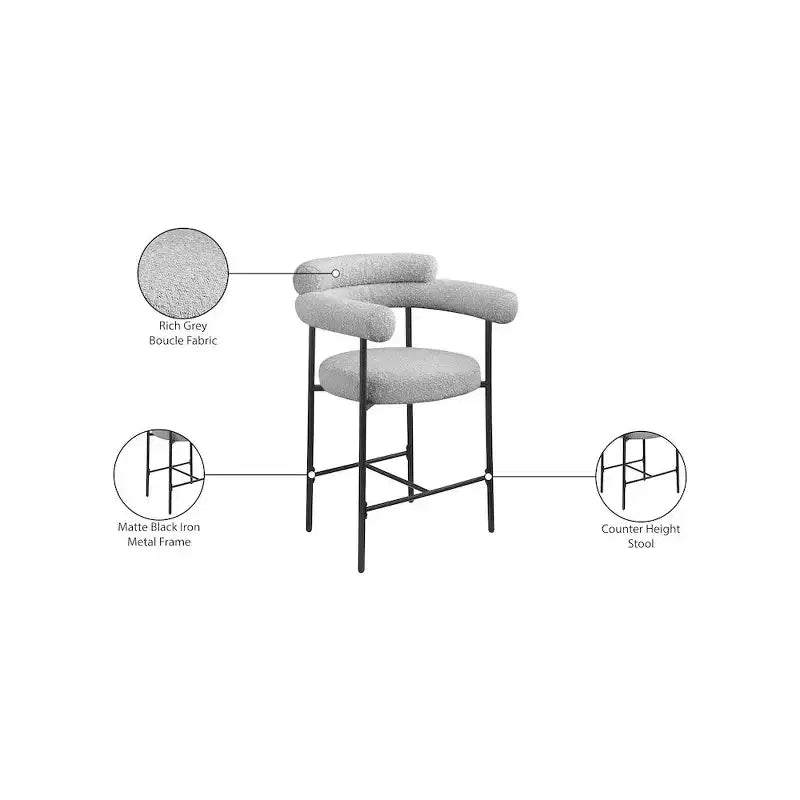 Meridian Furniture, Tabouret de comptoir Blake en tissu bouclette gris, Lot de 2