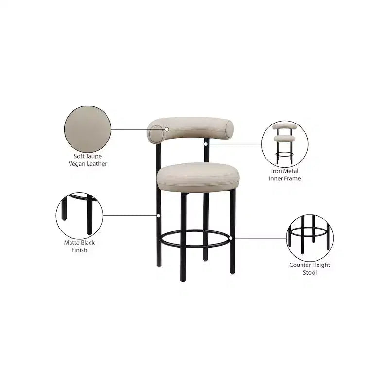 Meridian Furniture, Tabouret de comptoir en cuir végétalien taupe Bordeaux, ensemble de 2