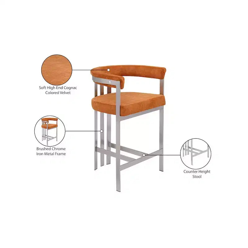 Meridian Furniture, Tabouret de comptoir en velours cognac Marcello, lot de 2