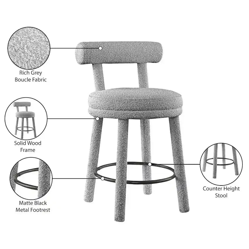 Meridian Furniture, Tabouret en tissu bouclé gris Parlor, Lot de 2