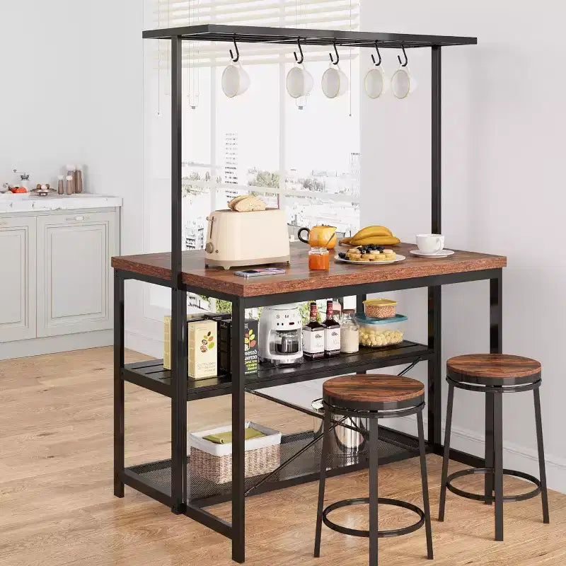TROPOW Grand îlot de cuisine Étagère à boulanger Support de micro-ondes Étagère de cuisine avec 3 niveaux de rangement, Table de bar à café en métal, pour salle à manger ou salon