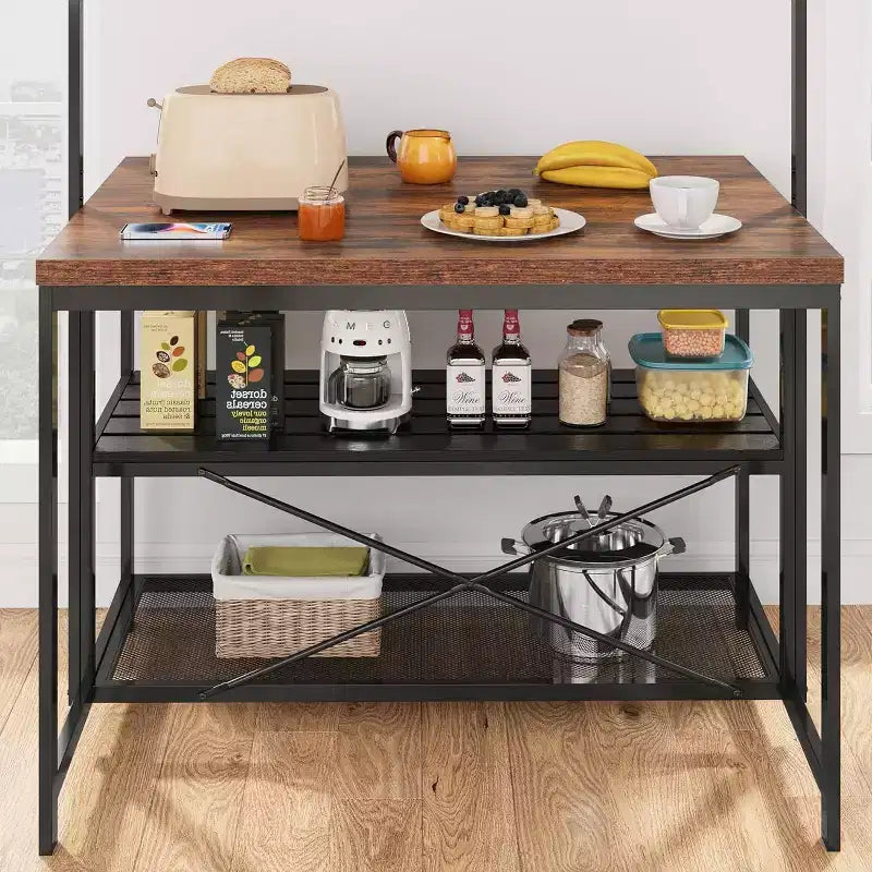 TROPOW Grand îlot de cuisine Étagère à boulanger Support de micro-ondes Étagère de cuisine avec 3 niveaux de rangement, Table de bar à café en métal, pour salle à manger ou salon