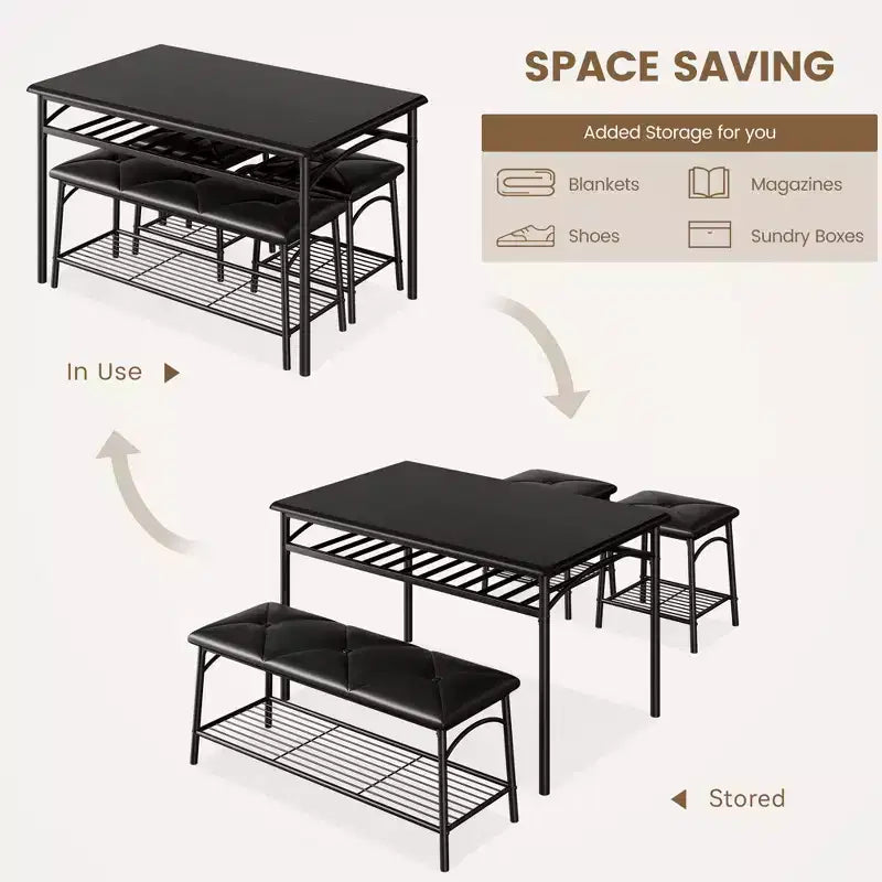 Ensemble de salle à manger carré pour 4 personnes avec plateau en bois, 2 chaises rembourrées et un banc, cadre en métal robuste, ensemble de salle à manger avec rangement pour la salle à manger
