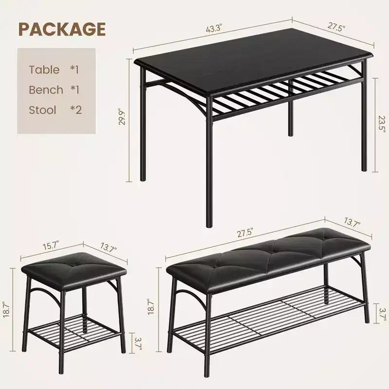 Ensemble de salle à manger carré pour 4 personnes avec plateau en bois, 2 chaises rembourrées et un banc, cadre en métal robuste, ensemble de salle à manger avec rangement pour la salle à manger