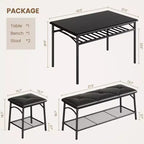 Ensemble de salle à manger carré pour 4 personnes avec plateau en bois, 2 chaises rembourrées et un banc, cadre en métal robuste, ensemble de salle à manger avec rangement pour la salle à manger