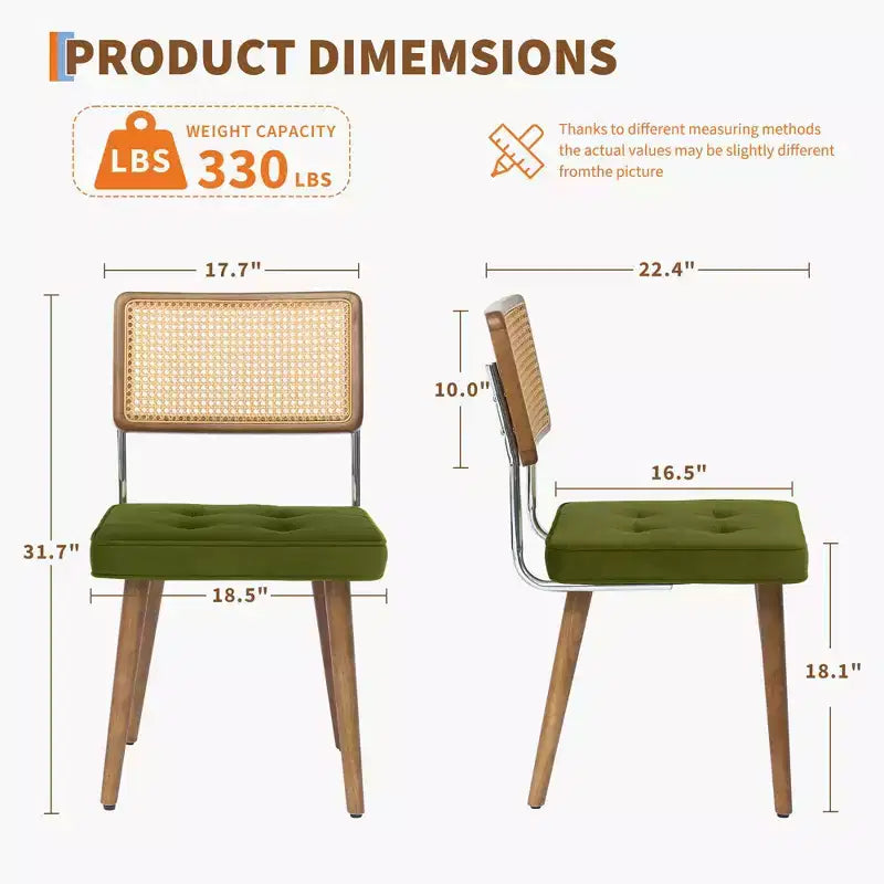 Lot de 2 chaises de salle à manger en rotin naturel – Rembourrage velours, dossier haut en canne, pieds en bois robustes, parfaites pour salle à manger, cuisine, restaurant