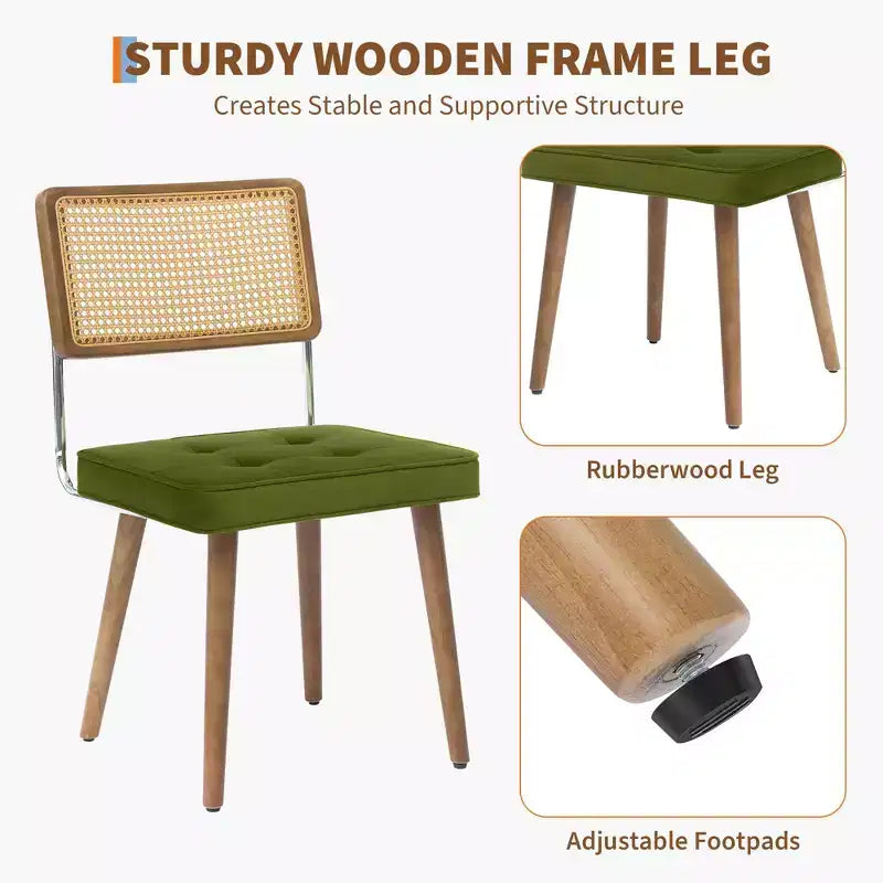 Lot de 2 chaises de salle à manger en rotin naturel – Rembourrage velours, dossier haut en canne, pieds en bois robustes, parfaites pour salle à manger, cuisine, restaurant