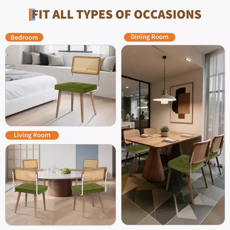 Lot de 2 chaises de salle à manger en rotin naturel – Rembourrage velours, dossier haut en canne, pieds en bois robustes, parfaites pour salle à manger, cuisine, restaurant