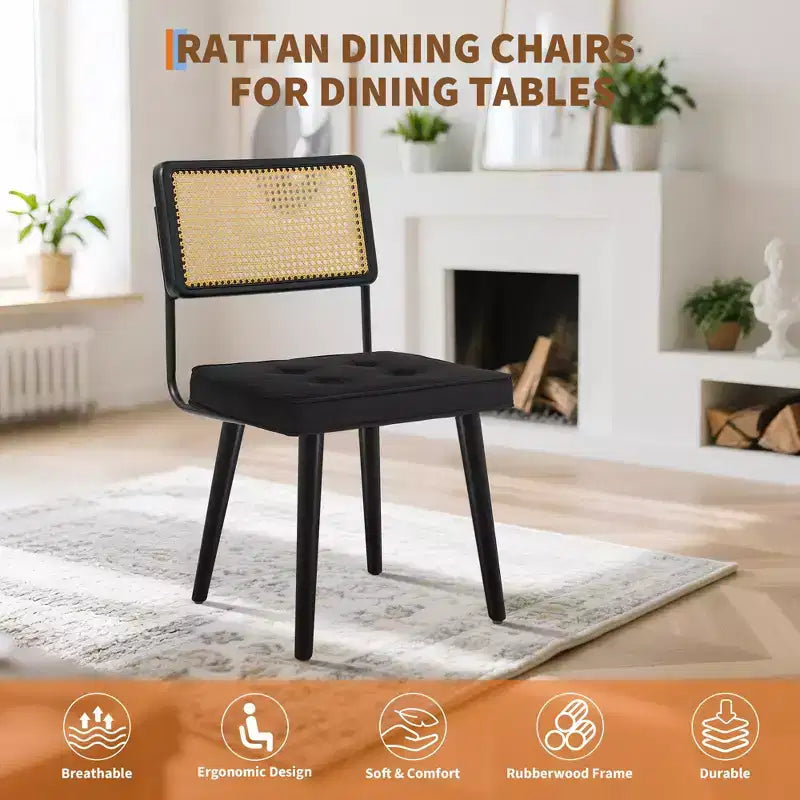 Lot de 2 chaises de salle à manger en rotin naturel – Rembourrage velours, dossier haut en canne, pieds en bois robustes, parfaites pour salle à manger, cuisine, restaurant