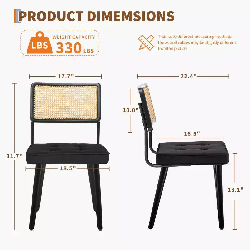 Lot de 2 chaises de salle à manger en rotin naturel – Rembourrage velours, dossier haut en canne, pieds en bois robustes, parfaites pour salle à manger, cuisine, restaurant