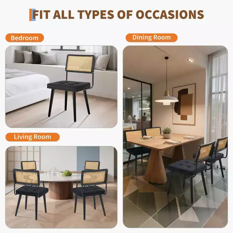 Lot de 2 chaises de salle à manger en rotin naturel – Rembourrage velours, dossier haut en canne, pieds en bois robustes, parfaites pour salle à manger, cuisine, restaurant