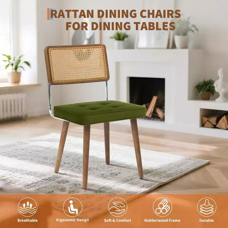 Lot de 2 chaises de salle à manger en rotin naturel – Rembourrage velours, dossier haut en canne, pieds en bois robustes, parfaites pour salle à manger, cuisine, restaurant