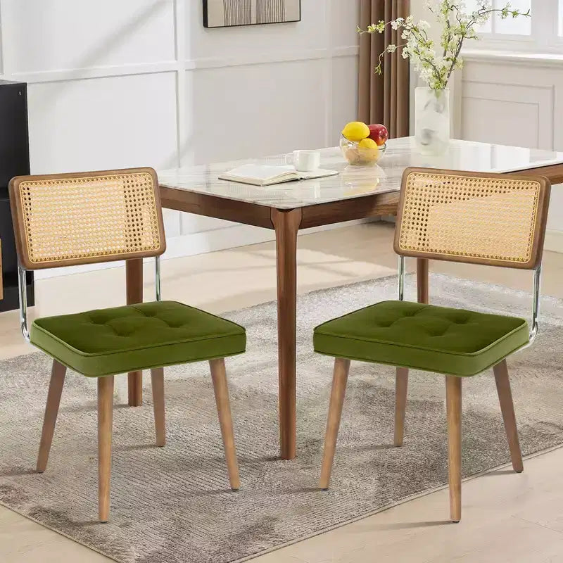 Lot de 2 chaises de salle à manger en rotin naturel – Rembourrage velours, dossier haut en canne, pieds en bois robustes, parfaites pour salle à manger, cuisine, restaurant