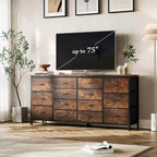 Commode Meuble TV de 63 po de large pour téléviseur de 65, 70, 75 po, avec 14 tiroirs pour chambre à coucher avec prises de courant, grand meuble de divertissement long en tissu