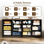 Commode Meuble TV de 63 po de large pour téléviseur de 65, 70, 75 po, avec 14 tiroirs pour chambre à coucher avec prises de courant, grand meuble de divertissement long en tissu