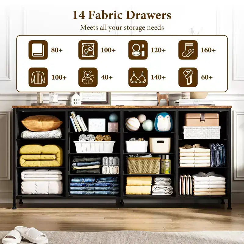 Commode Meuble TV de 63 po de large pour téléviseur de 65, 70, 75 po, avec 14 tiroirs pour chambre à coucher avec prises de courant, grand meuble de divertissement long en tissu