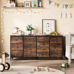 Commode Meuble TV de 63 po de large pour téléviseur de 65, 70, 75 po, avec 14 tiroirs pour chambre à coucher avec prises de courant, grand meuble de divertissement long en tissu