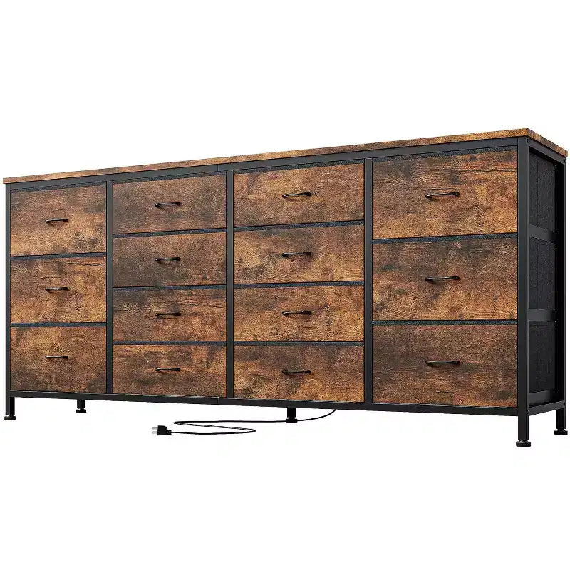 Commode Meuble TV de 63 po de large pour téléviseur de 65, 70, 75 po, avec 14 tiroirs pour chambre à coucher avec prises de courant, grand meuble de divertissement long en tissu