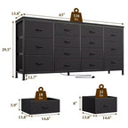 Commode Meuble TV de 63 po de large pour téléviseur de 65, 70, 75 po, avec 14 tiroirs pour chambre à coucher avec prises de courant, grand meuble de divertissement long en tissu