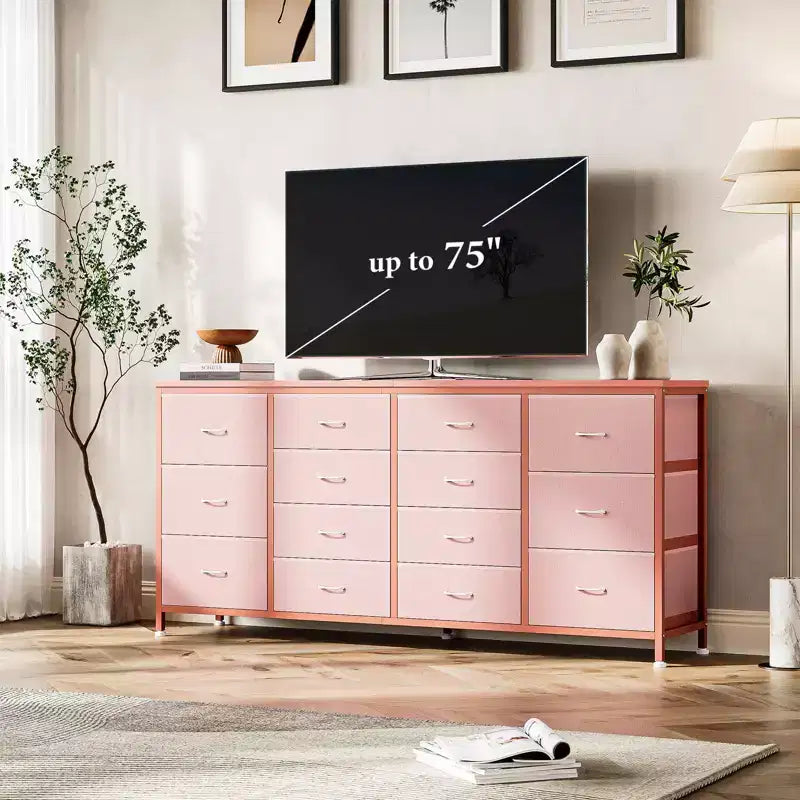 Commode Meuble TV de 63 po de large pour téléviseur de 65, 70, 75 po, avec 14 tiroirs pour chambre à coucher avec prises de courant, grand meuble de divertissement long en tissu