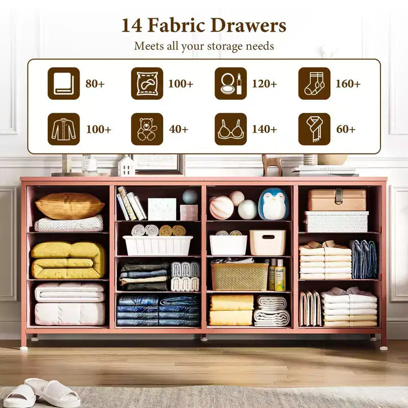 Commode Meuble TV de 63 po de large pour téléviseur de 65, 70, 75 po, avec 14 tiroirs pour chambre à coucher avec prises de courant, grand meuble de divertissement long en tissu