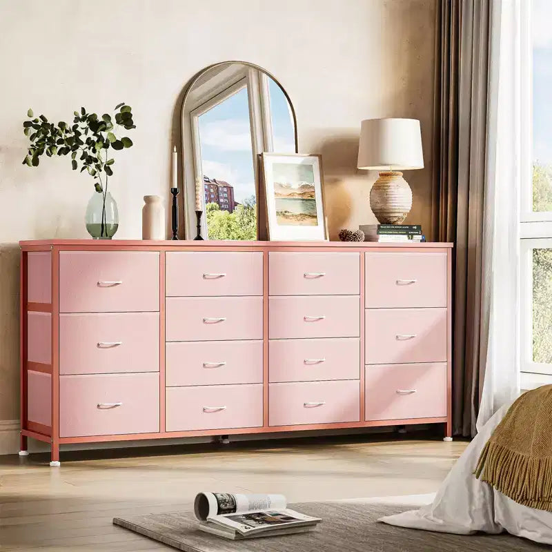 Commode Meuble TV de 63 po de large pour téléviseur de 65, 70, 75 po, avec 14 tiroirs pour chambre à coucher avec prises de courant, grand meuble de divertissement long en tissu
