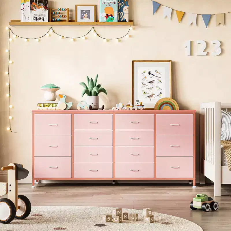 Commode Meuble TV de 63 po de large pour téléviseur de 65, 70, 75 po, avec 14 tiroirs pour chambre à coucher avec prises de courant, grand meuble de divertissement long en tissu