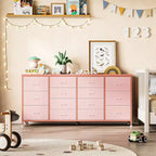 Commode Meuble TV de 63 po de large pour téléviseur de 65, 70, 75 po, avec 14 tiroirs pour chambre à coucher avec prises de courant, grand meuble de divertissement long en tissu