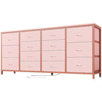 Commode Meuble TV de 63 po de large pour téléviseur de 65, 70, 75 po, avec 14 tiroirs pour chambre à coucher avec prises de courant, grand meuble de divertissement long en tissu