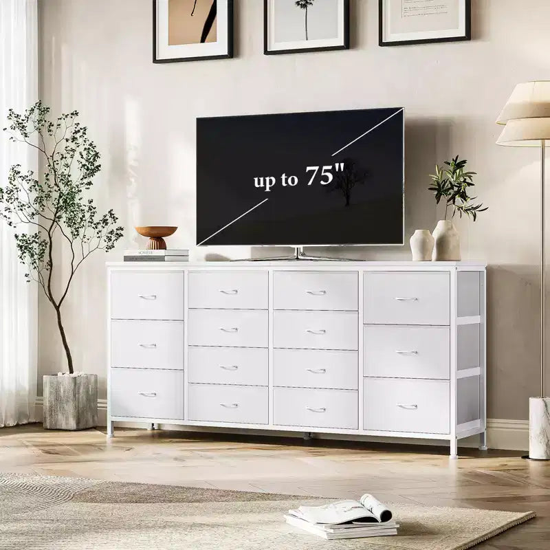 Commode Meuble TV de 63 po de large pour téléviseur de 65, 70, 75 po, avec 14 tiroirs pour chambre à coucher avec prises de courant, grand meuble de divertissement long en tissu