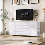 Commode Meuble TV de 63 po de large pour téléviseur de 65, 70, 75 po, avec 14 tiroirs pour chambre à coucher avec prises de courant, grand meuble de divertissement long en tissu