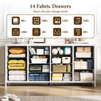 Commode Meuble TV de 63 po de large pour téléviseur de 65, 70, 75 po, avec 14 tiroirs pour chambre à coucher avec prises de courant, grand meuble de divertissement long en tissu
