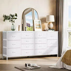 Commode Meuble TV de 63 po de large pour téléviseur de 65, 70, 75 po, avec 14 tiroirs pour chambre à coucher avec prises de courant, grand meuble de divertissement long en tissu