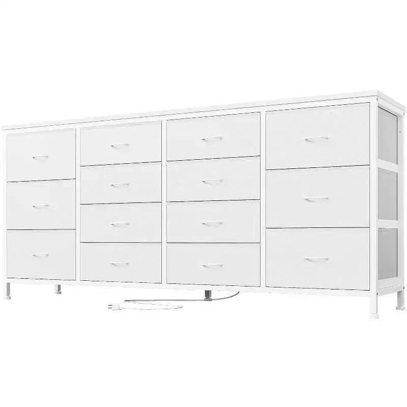 Commode Meuble TV de 63 po de large pour téléviseur de 65, 70, 75 po, avec 14 tiroirs pour chambre à coucher avec prises de courant, grand meuble de divertissement long en tissu