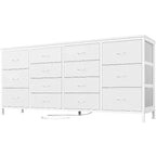 Commode Meuble TV de 63 po de large pour téléviseur de 65, 70, 75 po, avec 14 tiroirs pour chambre à coucher avec prises de courant, grand meuble de divertissement long en tissu