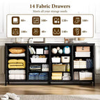 Commode Meuble TV de 63 po de large pour téléviseur de 65, 70, 75 po, avec 14 tiroirs pour chambre à coucher avec prises de courant, grand meuble de divertissement long en tissu