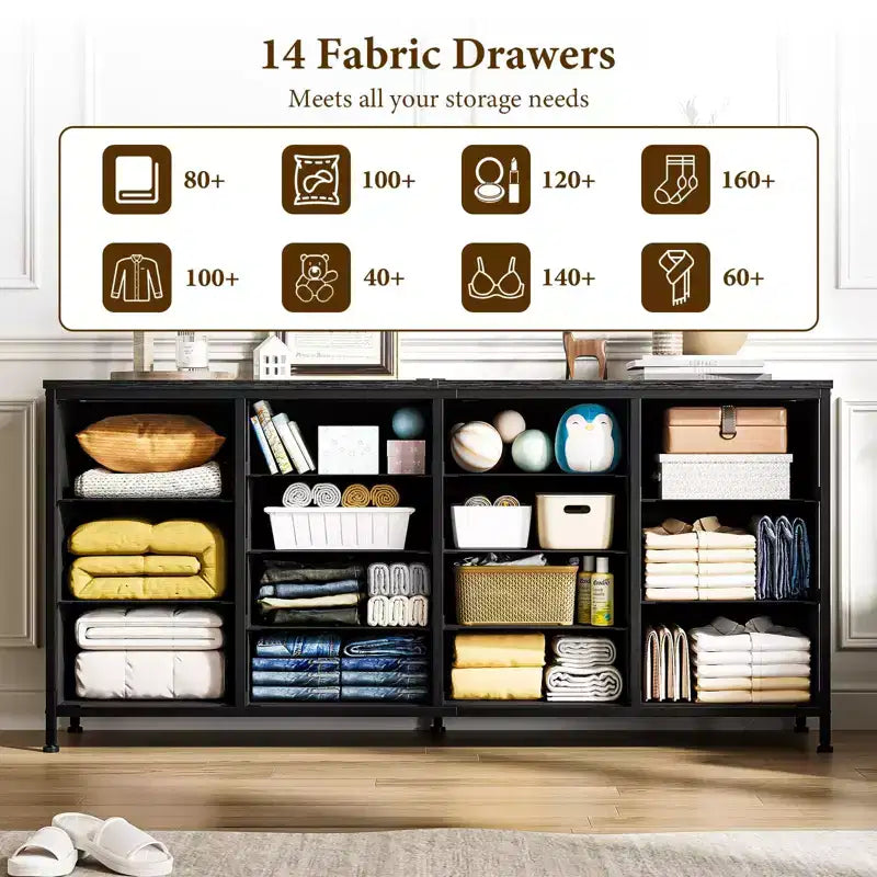 Commode Meuble TV de 63 po de large pour téléviseur de 65, 70, 75 po, avec 14 tiroirs pour chambre à coucher avec prises de courant, grand meuble de divertissement long en tissu