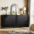 Commode Meuble TV de 63 po de large pour téléviseur de 65, 70, 75 po, avec 14 tiroirs pour chambre à coucher avec prises de courant, grand meuble de divertissement long en tissu