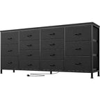 Commode Meuble TV de 63 po de large pour téléviseur de 65, 70, 75 po, avec 14 tiroirs pour chambre à coucher avec prises de courant, grand meuble de divertissement long en tissu