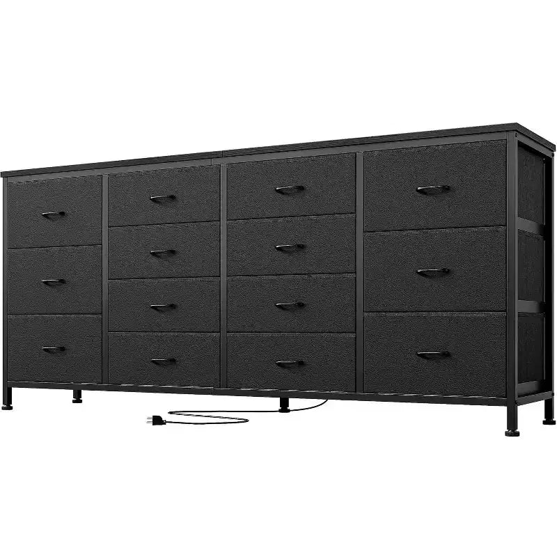 Commode Meuble TV de 63 po de large pour téléviseur de 65, 70, 75 po, avec 14 tiroirs pour chambre à coucher avec prises de courant, grand meuble de divertissement long en tissu