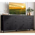 Commode Meuble TV de 63 po de large pour téléviseur de 65, 70, 75 po, avec 14 tiroirs pour chambre à coucher avec prises de courant, grand meuble de divertissement long en tissu