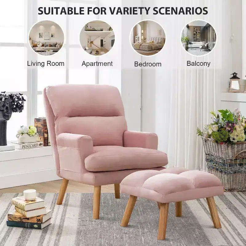 Fauteuil d'appoint Bestier avec pouf, fauteuil en velours pour chambre à coucher et salon, fauteuil de relaxation confortable avec dossier réglable et poche latérale