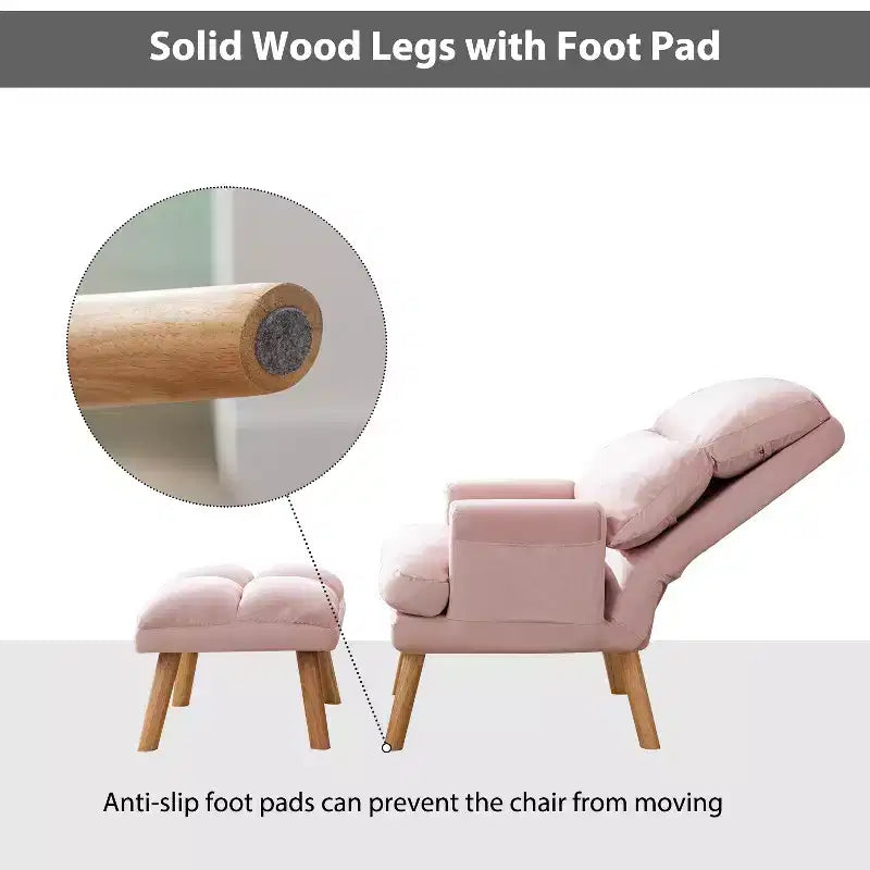Fauteuil d'appoint Bestier avec pouf, fauteuil en velours pour chambre à coucher et salon, fauteuil de relaxation confortable avec dossier réglable et poche latérale
