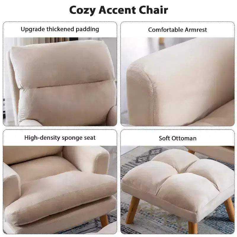 Fauteuil d'appoint Bestier avec pouf, fauteuil en velours pour chambre à coucher et salon, fauteuil de relaxation confortable avec dossier réglable et poche latérale